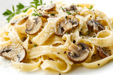 Delicious fettuccine pasta topped with mushrooms, cheese, and herbs, perfect for a gourmet meal presentation.
