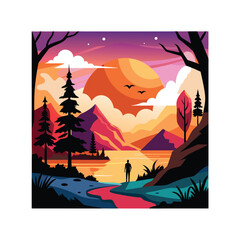A vibrant sunset scene with trees silhouetted against a backdrop of distant mountains. t shirt design concept.