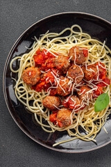 spaghetti meatballs in tomato sauce meat fresh meal food snack on the table copy space foodbackground rustic top view