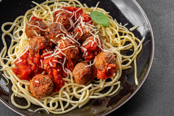 spaghetti meatballs in tomato sauce meat fresh meal food snack on the table copy space foodbackground rustic top view
