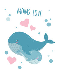 Mom love card with cute whale baby and mother