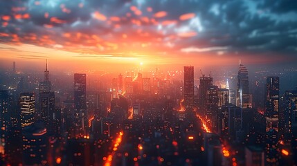 Fototapeta premium Futuristic geometric cityscape at night with illuminated modern skyscrapers and urban energy