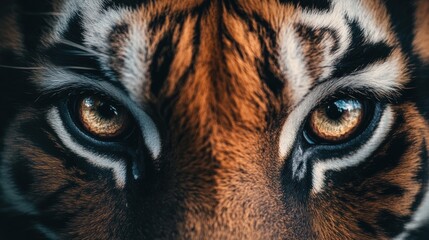 A close up of a tiger's face with bright yellow eyes, AI