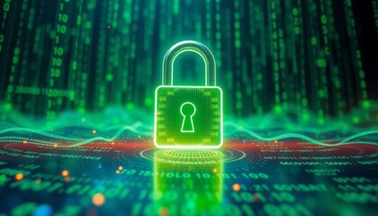 illuminated digital padlock on a holographic interface surrounded by cascading streams of data and binary numbers with vibrant green and dark blue hues representing cyber de
