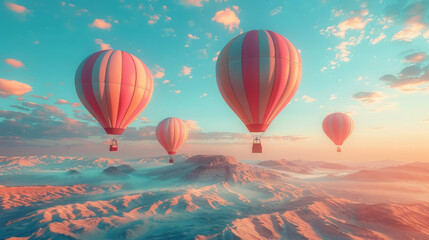 Fototapeta premium pink hot air balloons in the sky over the mountains, aeronautics, air transport, fabulous landscape, beauty, nature, flight, basket, movement, fantasy, dream, travel, vacation