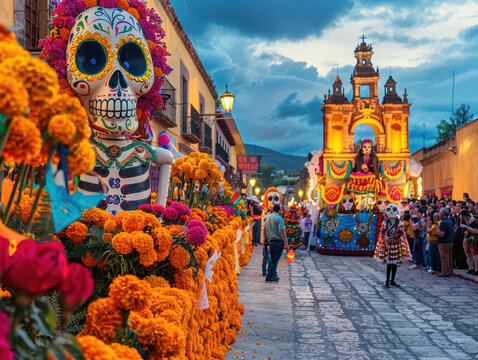 Festive Day of the Dead parade with colorful catrina costumes and marigold adornments in a vibrant mexican town square