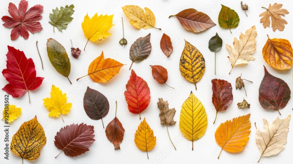 Poster a variety of autumn leaves in different colors and shapes arranged artistically on a light surface.