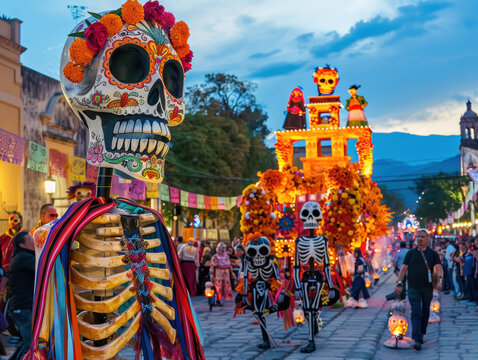 Festive Day of the Dead parade with colorful catrina costumes and marigold adornments in a vibrant mexican town square