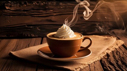 taza de color café con café o chocolate caliente, con crema batida por encima, sobre un plato de color café y una mesa de madera rustica   