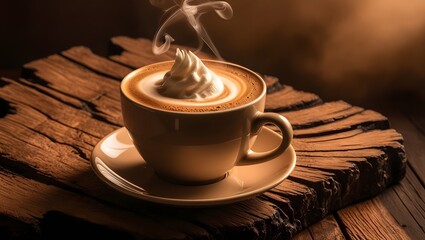 taza de chocolate o café caliente con crema batida, sobre un plato en un tronco de madera  