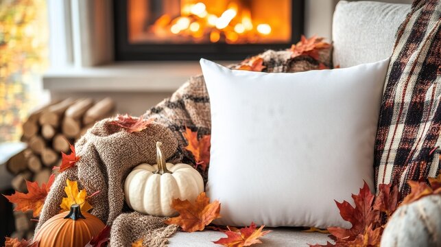 White throw pillow on a cozy autumn-themed chair with a fireplace in the background