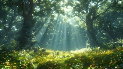 Obraz premium Enchanting Magical Forest with Ethereal Light Filtering Through Lush Canopy