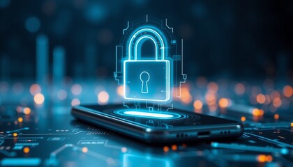 close-up of a smartphone with a floating holographic padlock icon set against a futuristic dark background with digital elements highlighting advanced security