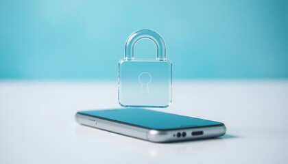 smartphone displaying a large transparent padlock icon above with a blurred light blue background conveying a sense of security and modernity in a clean design