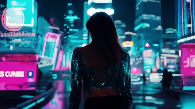 Woman walk futuristic city of future. Blue violet neon light. Trendy stylish female. VR club, inside video virtual game, technology world. Cybernetic town. Young girl in Cyberpunk Augmented Reality ai