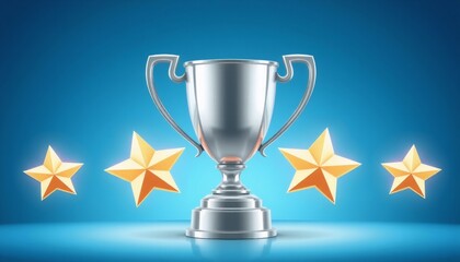 vector of a gleaming trophy in silver flanked by three large stars on each side set against a gradient blue background emphasizing a sense of victory and celebration