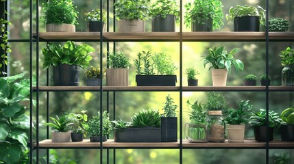 Various types of plants thrive on wooden shelves, illuminated by natural light in a green space