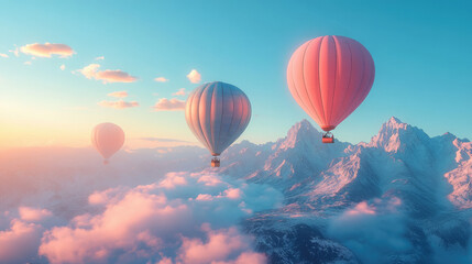 Obraz premium pink hot air balloons in the sky over the mountains, aeronautics, air transport, fabulous landscape, beauty, nature, flight, basket, movement, fantasy, dream, travel, vacation