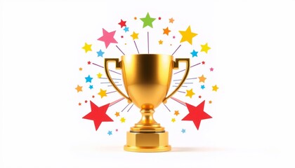 vector of a classic trophy in matte gold encircled by a burst of colorful stars set on a clean white background conveying a sense of achievement and excitement