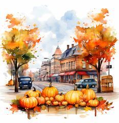 A quaint town square with a bustling farmers market, surrounded by the warm colors of autumn. Perfect for wallpapers, backgrounds