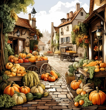 A quaint town square with a bustling farmers market, surrounded by the warm colors of autumn. Perfect for wallpapers, backgrounds