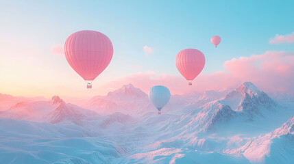 Obraz premium pink hot air balloons in the sky over the mountains, aeronautics, air transport, fabulous landscape, beauty, nature, flight, basket, movement, fantasy, dream, travel, vacation