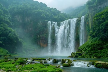 Fototapeta premium Majestic Waterfall Surrounded by Lush Verdant Foliage in Stunning Natural Landscape