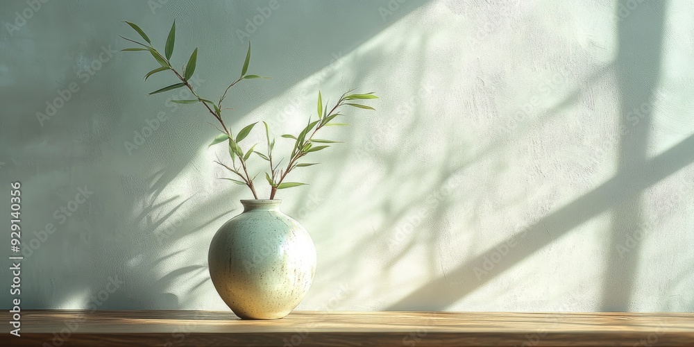 Canvas Prints Green Branches in a Speckled Vase on a Wooden Tabletop