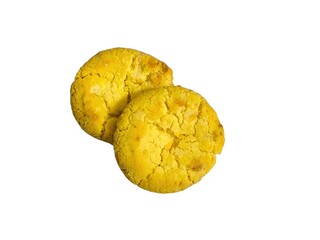 Crunchy lemon and white chocolate cookie isolated on white background. Sweet dessert