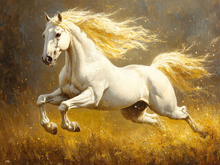 a majestic white house galloping through a golden forest, its mane and tail flowing in the wind.