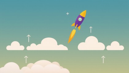 flat design rocket in yellow and purple soaring upward clean gradient background with minimalist geometric clouds and arrows dynamic representation of innovation