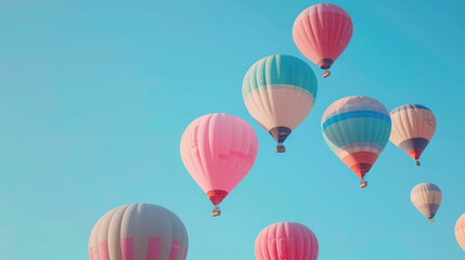 Obraz premium hot air balloons in the sky, aeronautics, air transport, fabulous landscape, beauty, nature, flight, basket, movement, fantasy, dream, travel, vacation, journey