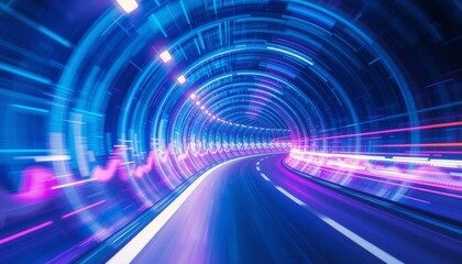 shimmering tunnel walls in radiant hues of blue and purple light streaks swirl in a spiral pattern conveying a sensation of high velocity and dynamic motion through space