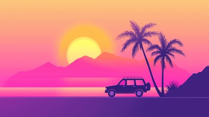 A vibrant sunset scene with silhouettes of palm trees, mountains, and a classic car by the sea, evoking a sense of adventure.