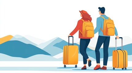 A couple with backpacks walks towards scenic mountains, embodying adventure, travel, and exploration in a vibrant landscape.