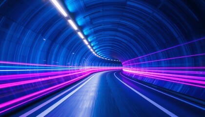 vivid electric blue and neon purple streaks stretch along the tunnel walls creating a swirling textured effect light trails converge and diverge enhancing the sensation of