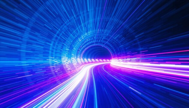 intense streaks of electric blue and violet radiate outward forming a textured tunnel light trails twist and blur conveying rapid movement through a vivid hyperspace field