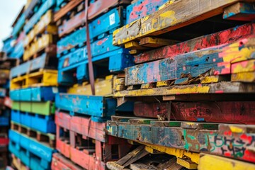 Fototapeta premium An assortment of stacked wooden pallets fills a warehouse space