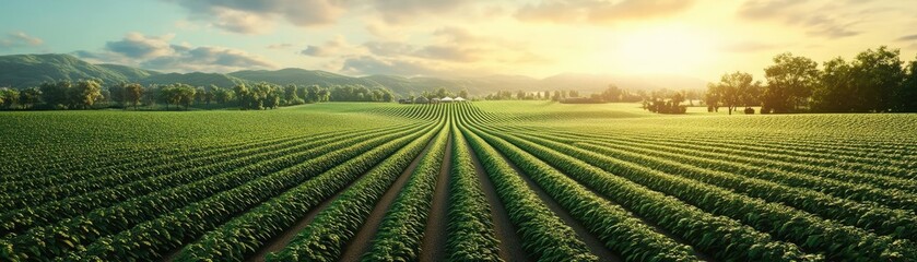 Fototapeta premium A lush green field showcases vibrant crops under a golden sunrise, symbolizing growth and abundance in agriculture.
