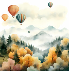Fototapeta premium A cluster of hot air balloons soaring above misty mountains, floating gently over an autumn landscape.