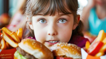 Naklejka premium A close-up portrait of a young girl with braided hair, gazing thoughtfully at a meal of burgers and fries.