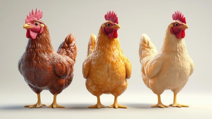 Fototapeta premium Three colorful chickens standing together, showcasing their unique feather patterns and vibrant combs in a light background.