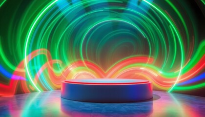 podium elevated above ground enveloped by a vortex of swirling neon colors green blue and red hues spiral dynamically creating a vibrant and energetic visual effect around