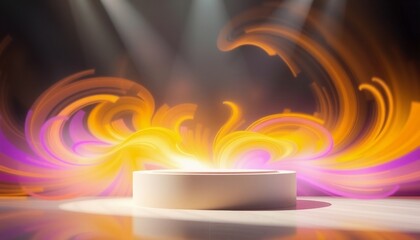 podium highlighted by a swirling vortex of radiant colors yellows and purples blend and swirl around the podium creating a sense of excitement and depth in the composition
