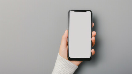 Minimalist Hand Holding Smartphone, a close-up view showcasing a hand gripping a sleek smartphone with an empty screen, emphasizing technology and simplicity in design and function