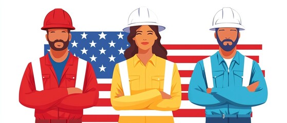 A diverse group of construction workers standing confidently in front of an American flag, showcasing teamwork and professionalism.