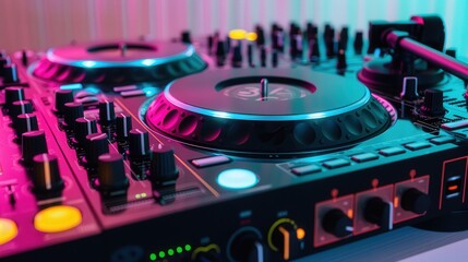 Vibrant Digital DJ Turntable, a futuristic design featuring neon lights, embodying energy and innovation for an electrifying musical experience.