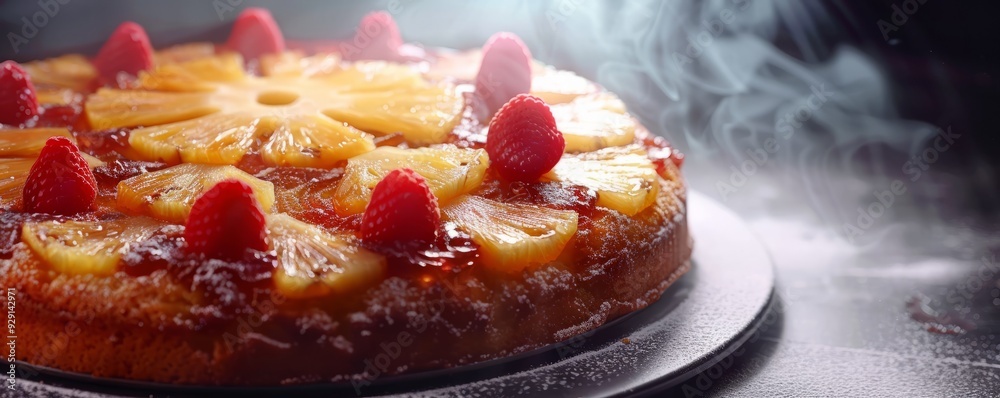 Wall mural Sweet pineapple upside-down cake, 4K hyperrealistic photo