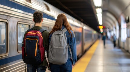 Fototapeta premium Emotional Farewell at the Train Station, friends embracing as they part ways for college, capturing the bittersweet essence of new beginnings and cherished memories.