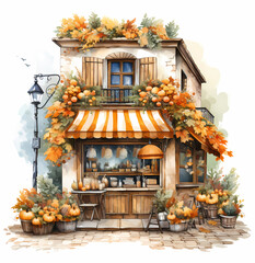 A charming street lined with shops adorned with autumn decorations, inviting a stroll through the seasonal ambiance.Perfect for wallpapers, backgrounds